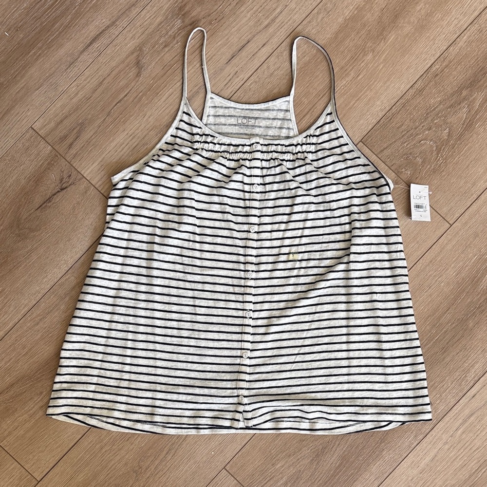 LOFT White and Navy Striped Button-Front Cami NWT